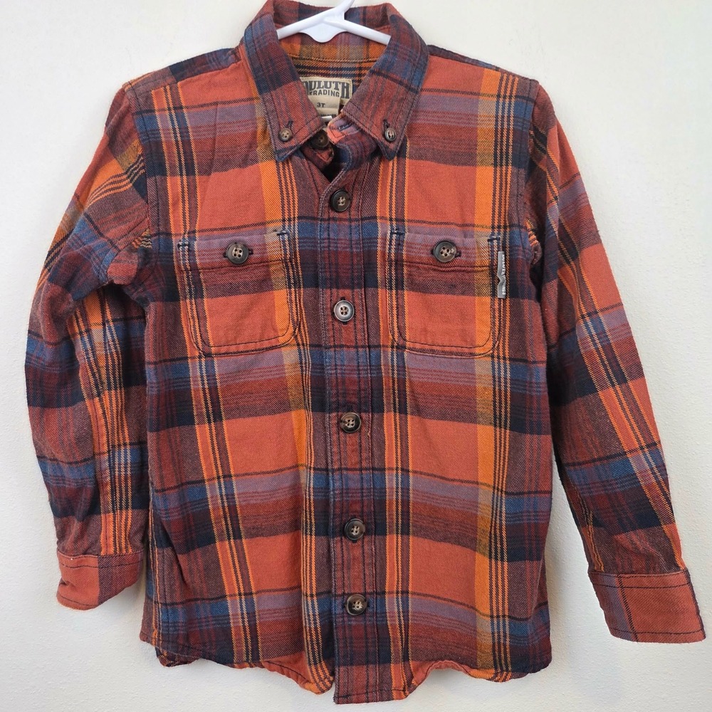 Duluth Trading Co Kids Boys Orange Plaid Flannel Button Down Shirt 3T